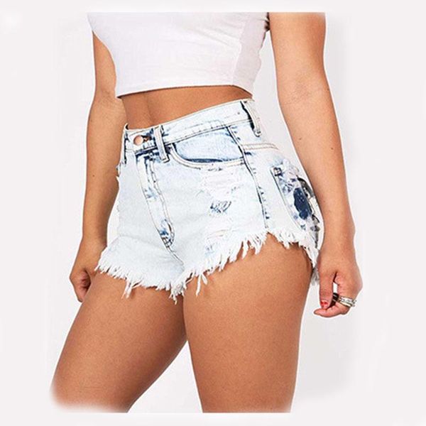 

2020 new vogue clothes women chic shorts holes burr elastic shorts empire snowflake washed ladies cotton denim1, White;black