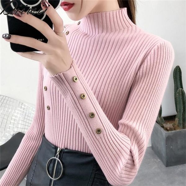 

diiwii turtleneck women autumn slim sweaters solid knitted female cotton soft elastic color pullovers button full sleeve y201128, White;black