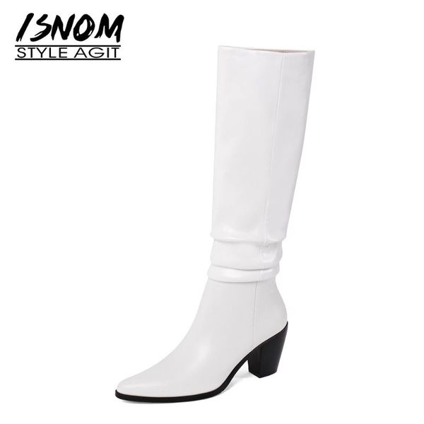 

isnom дамы из натуральной кожи плиссе колено сапоги мода странная каблука остроконечные toe западная boots женщины осень зима 2020, Black