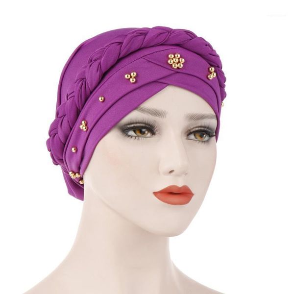 

Women Scarf Spring Autumn Braided Milk Silk Hair Loss Elastic Head Wrap Cap Turban Hat Cancer Chemo Daily Muslim Beads1, Blue;gray