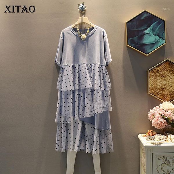 

xitao] 2019 summer korea fashion new women o-neck short sleeve loose dot cascading ruffle irregular lace dress zll35471, Black;gray