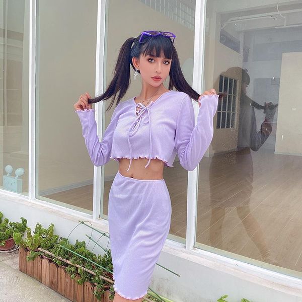 

skirts 2021 fashion women long sleeve + short skirt simple solid color cross straps decoration spring autumn clothing suit, Black