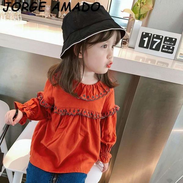 

girls shirts 2020 autumn new ruffle collar flower embroidery cotton long sleeve girls blouse children clothing e6163, White;black