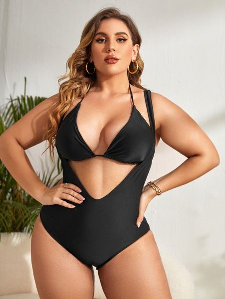 

plus solid cut-out one piece swimsuit with bikini w9mj#, Black