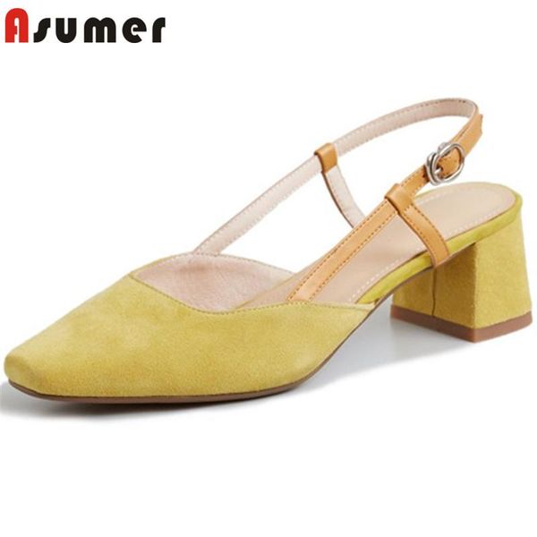 

asumer 2020 new arrival women sandals suede leather buckle summer single shoes square heels comfortable dress party shoes woman, Black