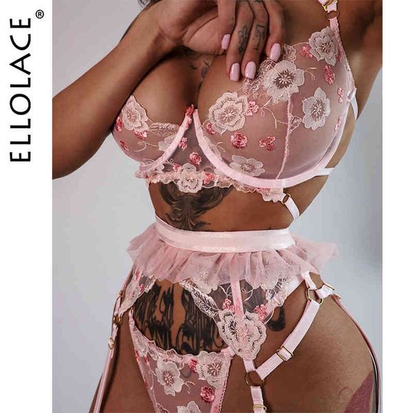 

ellolace erotic lingerie lace sensual underwear set floral transparent brief sets 3 piece push up underwire bra and panty, Black;white
