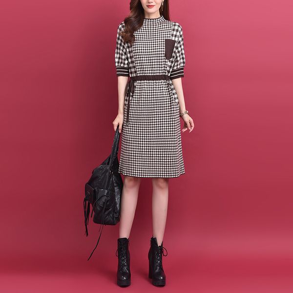 

knitted shirt, plaid dress, ladies'pockets dressed as patchwork muje long casual korean sweaters eyzs, Black;gray