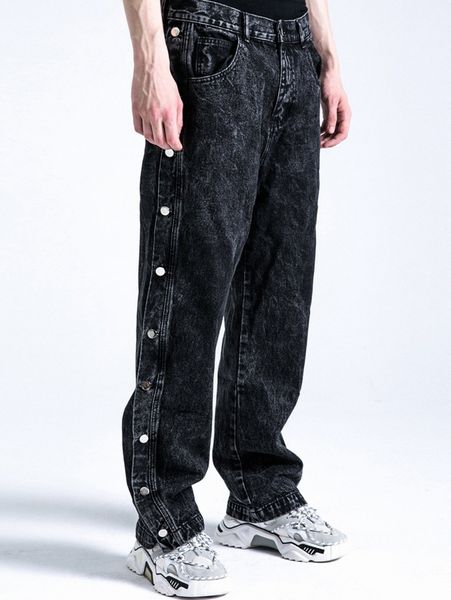 

men bleach wash button side jeans d30k#, Blue