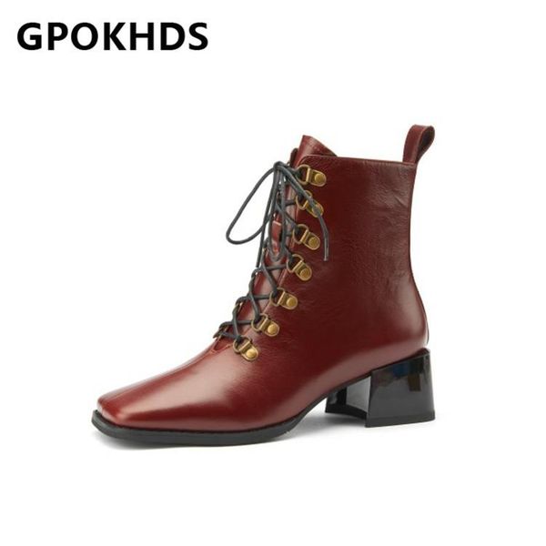 

gpokhds 2021 женщин полусапоги корова кожа зима короткая плюшевая площади toe zipper металл украшение высокие каблуки женщина сапоги размер, Black