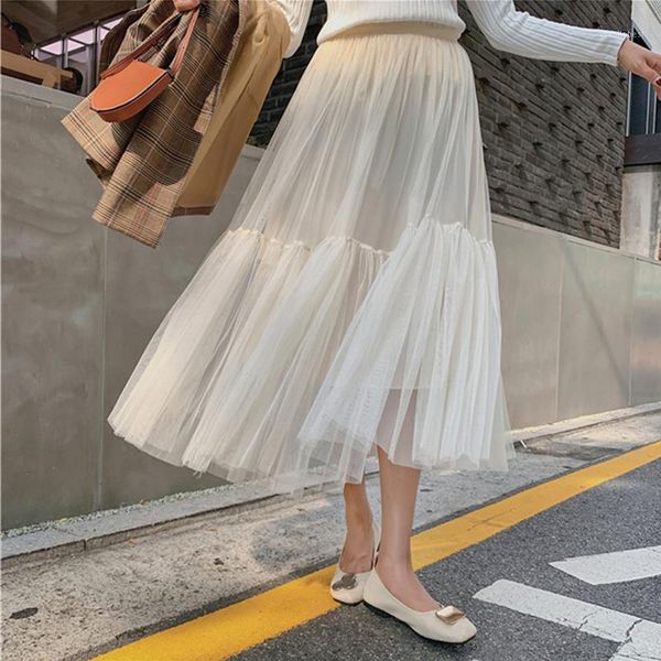 

ailegogo 2020 autumn winter women skirt casual fashion elegant tulle lithe chiffon multi colors sweet high waist female sk70291, Black