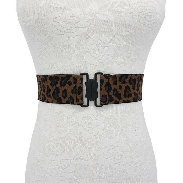 

fashion women's lady leopard print mesh plaid wide stretch buckle woven elastic belt cinch high waistband, Black;brown
