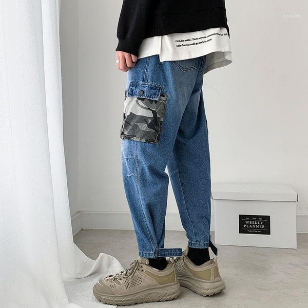

men's jeans ewq / men's wear denim turnup bottom trousers male 2021 spring summer loose camouflage patchwork blue straight 9y16951