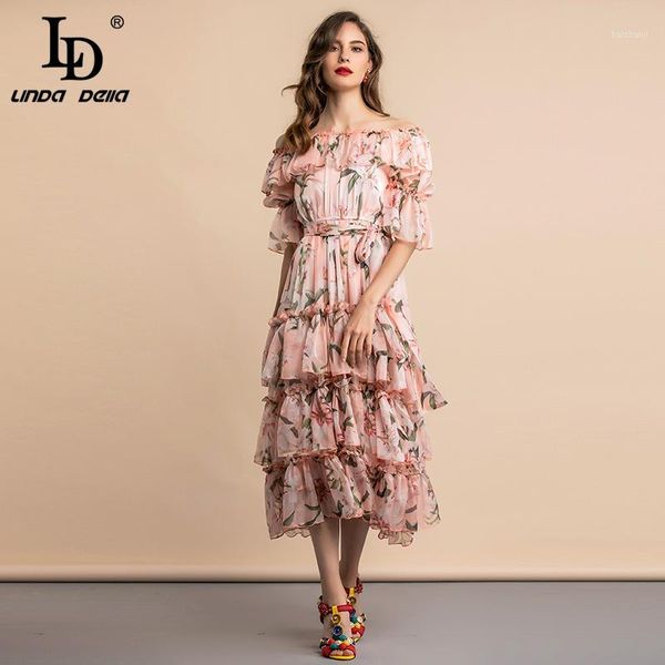 

ld linda della summer casual vacation dress women's floral print tiered layer hem mesh ruffles belted midi holiday party dress1, Black;gray