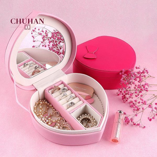 

chuhan new pu leather heart-shaped jewelry storage box with portable creative jewelry storage box earrings c308, Pink;blue