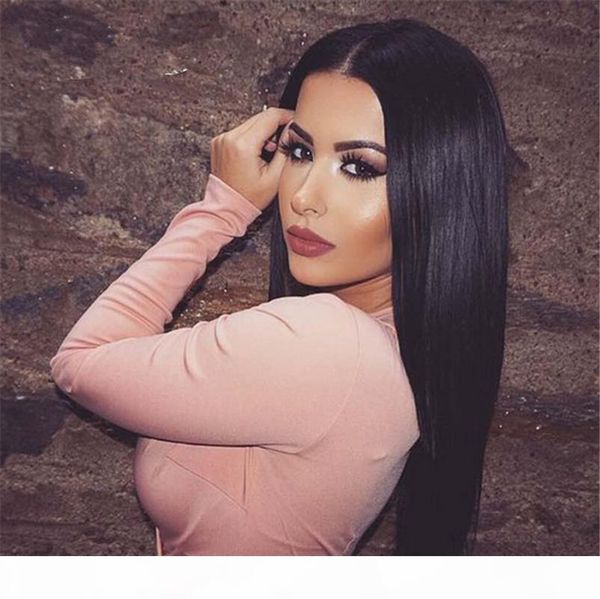 

middle part silky straight virgin human hair wig with baby hair 130% density brazilian virgin hair full lace front wig for black woman, Black;brown