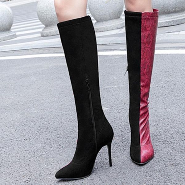 

women boots seductive ladies long shoes knee high autumn and winter stitching color fine heel boots women high-heeled shoes1, Black