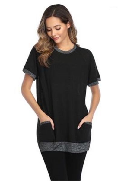 

neck short sleeve pullover sweatshirt designer new female summer tee patchwork color pocket women t-shirt fashion casual crew, White