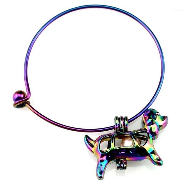 

b-c583 rainbow puppy dog beads cage locket wrist girl women expandable wire steel bracelet bangle1, Black