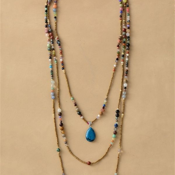 

statement necklace new natural stones seed beads teardop pendant 3 layers necklace bohemia chain necklaces dropshipping y200730, Silver