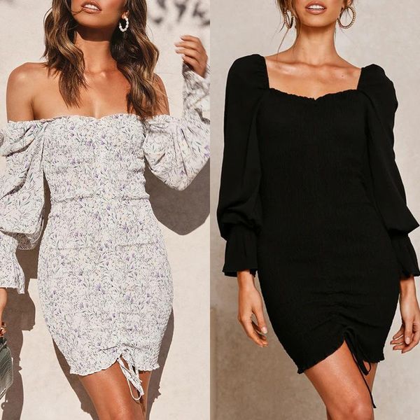 

casual dresses 2021 spring women's clothing fashion one shoulder dress elegant edstidos de fiesta floral vestidos, Black;gray