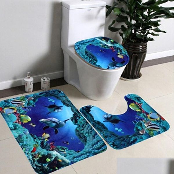 

wholesale- 3 pcs/ set bathroom non-slip blue ocean style pedestal rug + lid toilet cover + bath mat happy gifts high q qylbkv mj_bag