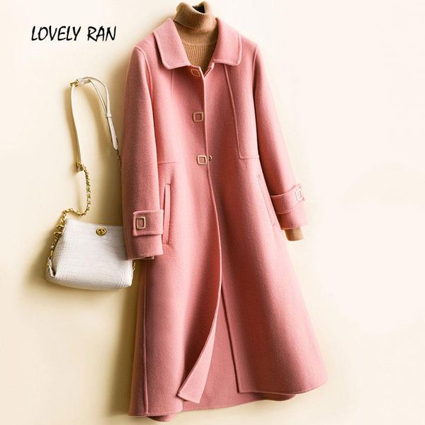 

cashmere double sided women's woolen coats warm peter pan collar knee-length female coat 2020 winter autumn korean lady jacket, Black