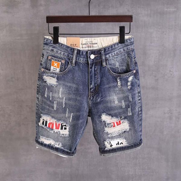 

mcikkny fashion men's hip hop ripped denim shorts destroyed straight jeans shorts for male streetwear1, Blue