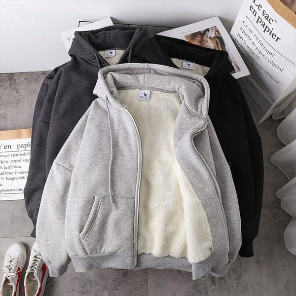 

autumn winter jacket women solid color imitation lamb wool hoodies korean loose plus velvet thick zipper hooded sweatshirt coats, Black
