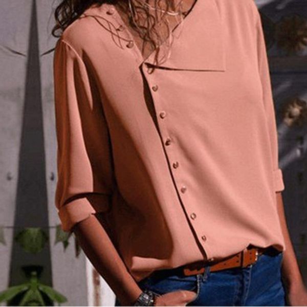 

chiffon blouse with long sleeves and irregular diagonal collar sizes, White