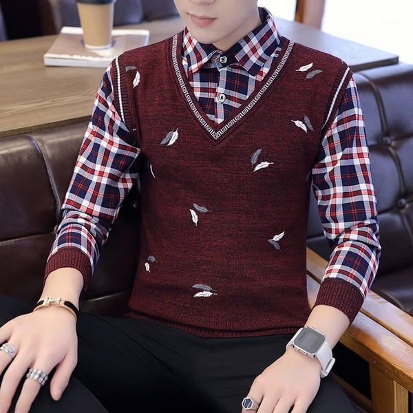 

winter style with fleece men's youth fake two-piece warm shirt sweater autumn long sleeve thick fashion knit low waist jersey1, White;black