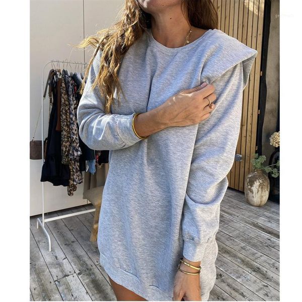 

casual dresses spring winter fashion o neck women's mini dress loose solid long sleeve shoulder pads ladies dress1, Black;gray