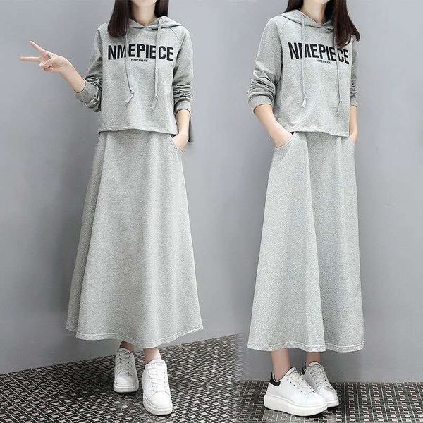 

otnut style suit sleeve new autumn suit dress women show thin and versatile temperament long sweater sweater women's dress two sets ggr, Gray