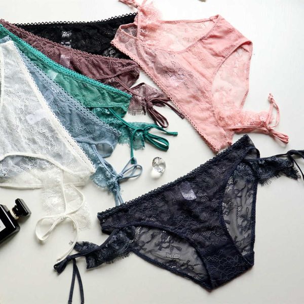 

hollow transparent lace panties women's low waist seamless ladies briefs cute bowknot tie up underwear women, Black;pink