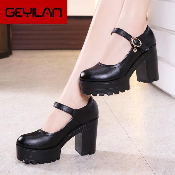 

2020 spring new round head leather platform thick with thick bottom women's shoes shallow mouth large size high-heeled shoes, Black