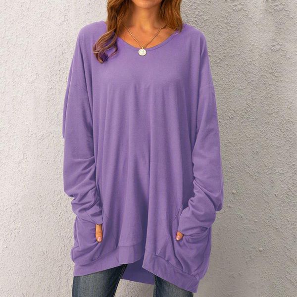 

ladies blouse casual solid color loose pocket round neck pullover long sleeve shirt long comfortable and soft fabric colorful r3, White