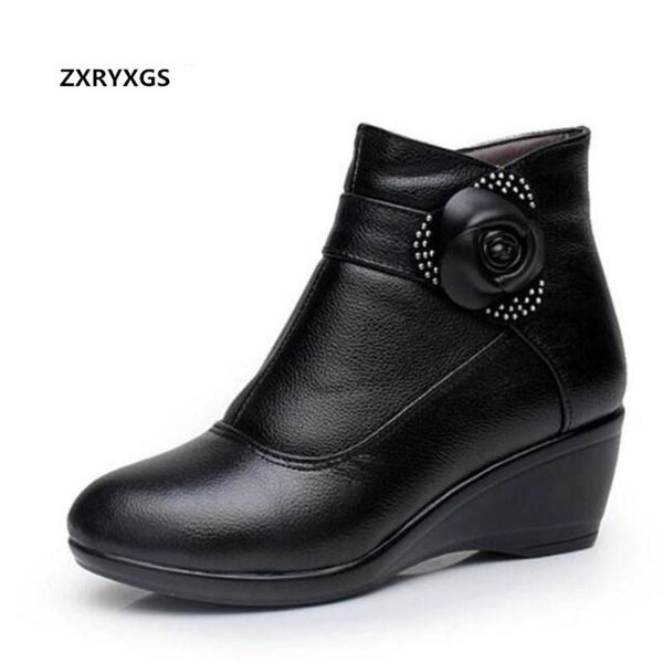 

new comfortable warm winter boots wedges flower genuine leather shoes fashion boots mother shoes snow size 33-43, Black