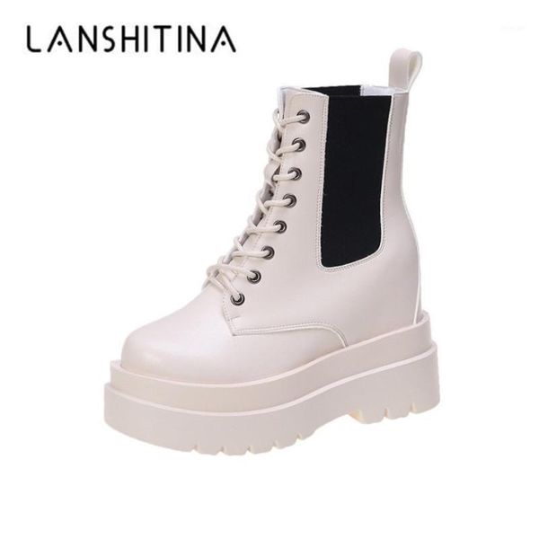 

boots women motorcycle ankle 2021 comfortable platform chunky rubber sole lace up soft leather 10cm high heels shoes woman1, Black