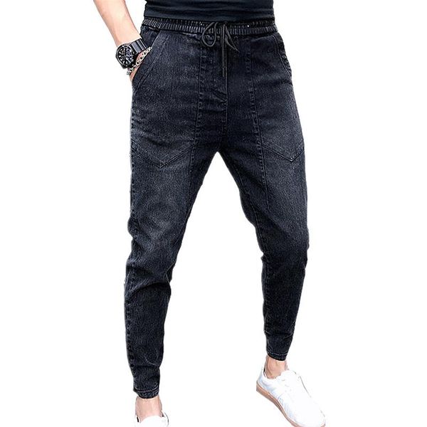 

men's jeans fashion men autumn casual lace-up black slim fit harem pant small stretch denim ankle length pants 28-36, Blue