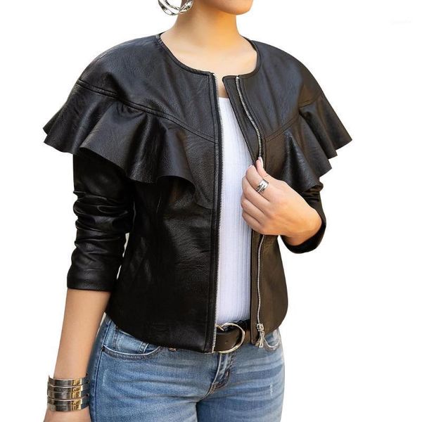 

fashion solid womens pu jackets and coats casual slim faux leather jacket o neck motorcycle coat1, Black