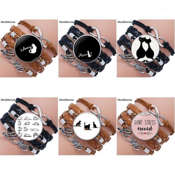 

meow cat silhouette for women party fashion jewelry classic glass cabochon multilayer black/brown leather bracelet bangle s1, Golden;silver