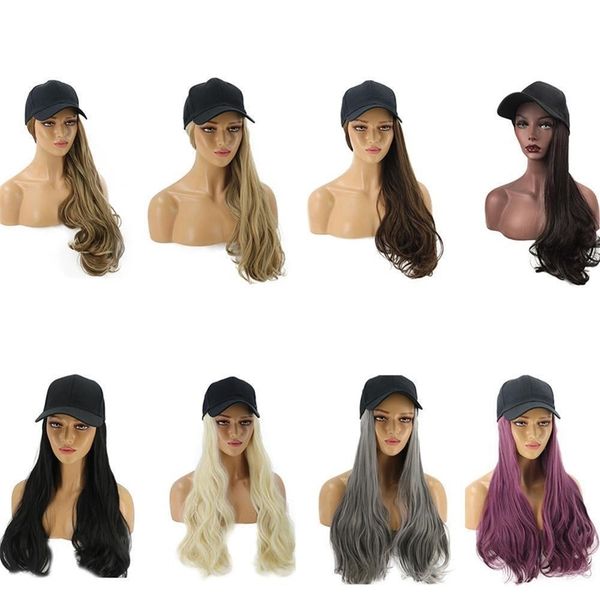 

8 colors adjustable women hats wavy hair extensions with black cap all-in-one female baseball cap hat y200102, Blue;gray