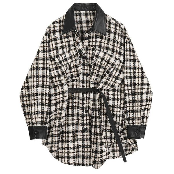 

women's wool & blends 2021 coat loose fit black pu leather plaid big size woolen parkas long sleeve for autumn winter