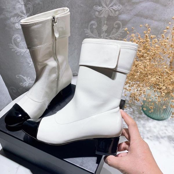 

women patent leather boots 2020 autumn winter high heel mid calf boots for women fashion designer shoes black white