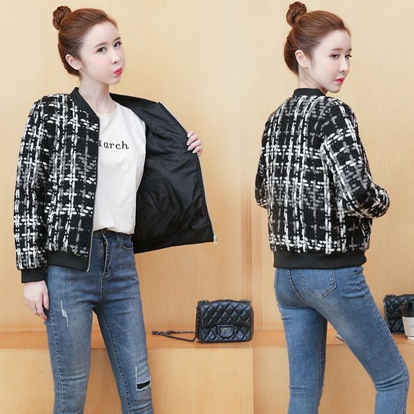 

2021 new womens zip short plaid wool blend neck girl shirt jackets outerwear r70e, Black;brown