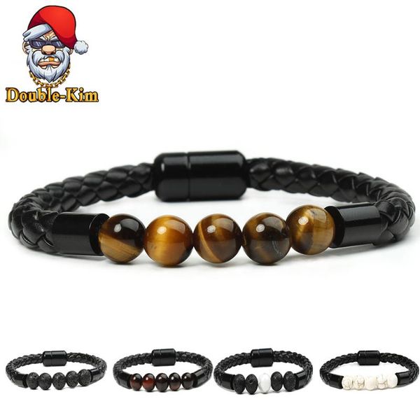 

link, chain stone bead leather rope bracelet rock hip-hop street culture pu man fashion trendy men jewelry gift, Black