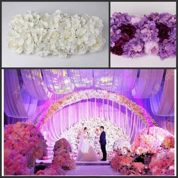 

wedding silk flower row arrangement artificial hydrangea rose flower arche row cappuccino background t-station road decor1