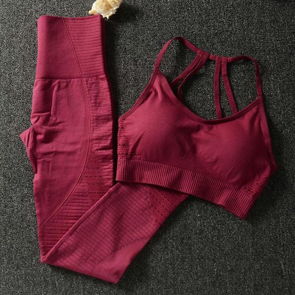 

yoga outfits 2pcs/set seamless set women fitness clothing sportswear woman gym leggings padded push-up strappy sports bra suits, White;red