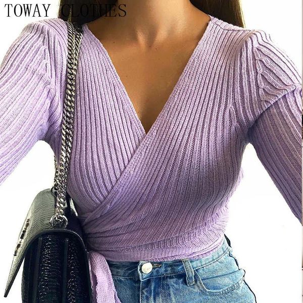 

women plain surplice knotted design sweater, White;black