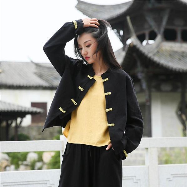

autumn vintage yellow black color linen patchwork women coat, Black;brown