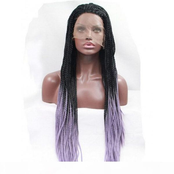 

lace wig box braids with baby hair purple ombre colored heat resistant fiber hair micro braiding braided lace front wigs for africa american, Black